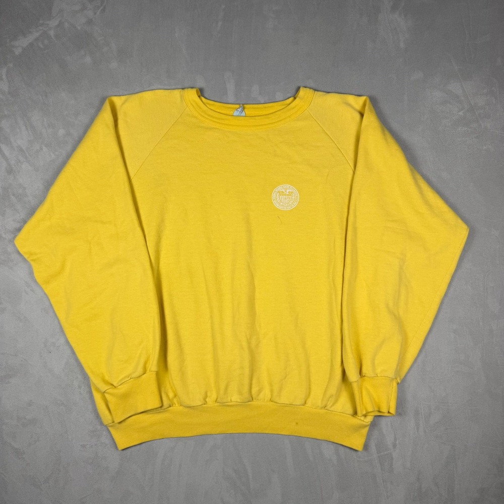 80s Mens Artex Federal Reserve Bank Kansas City Raglan Sweatshirt Yellow Large